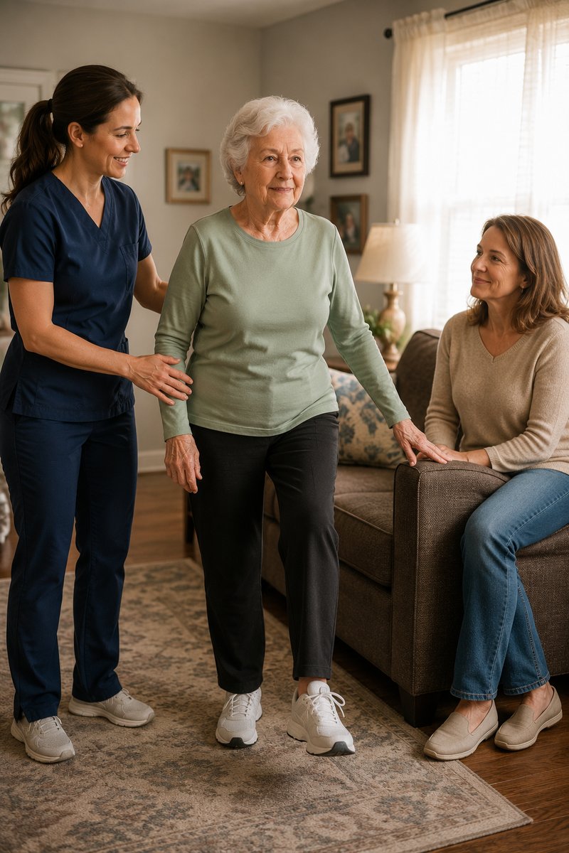 Therapist and family member with an older adult practicing balance at home