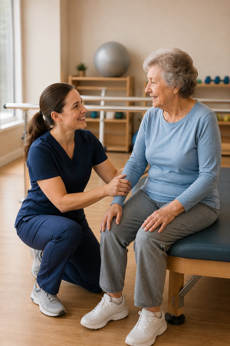 Therapist working with an older adult resident in a facility rehab gym